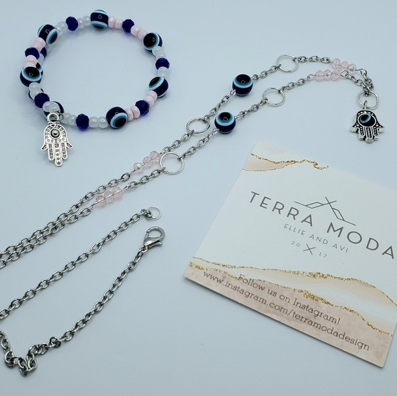TMD - Evil Eye Bracelet / Necklace Set w/ Hamsa Charms - Silver, Pink and Blue - Picture 7 of 8